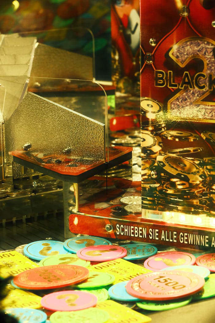 Colorful casino tokens in a Stuttgart arcade machine offering a lively and playful mood.