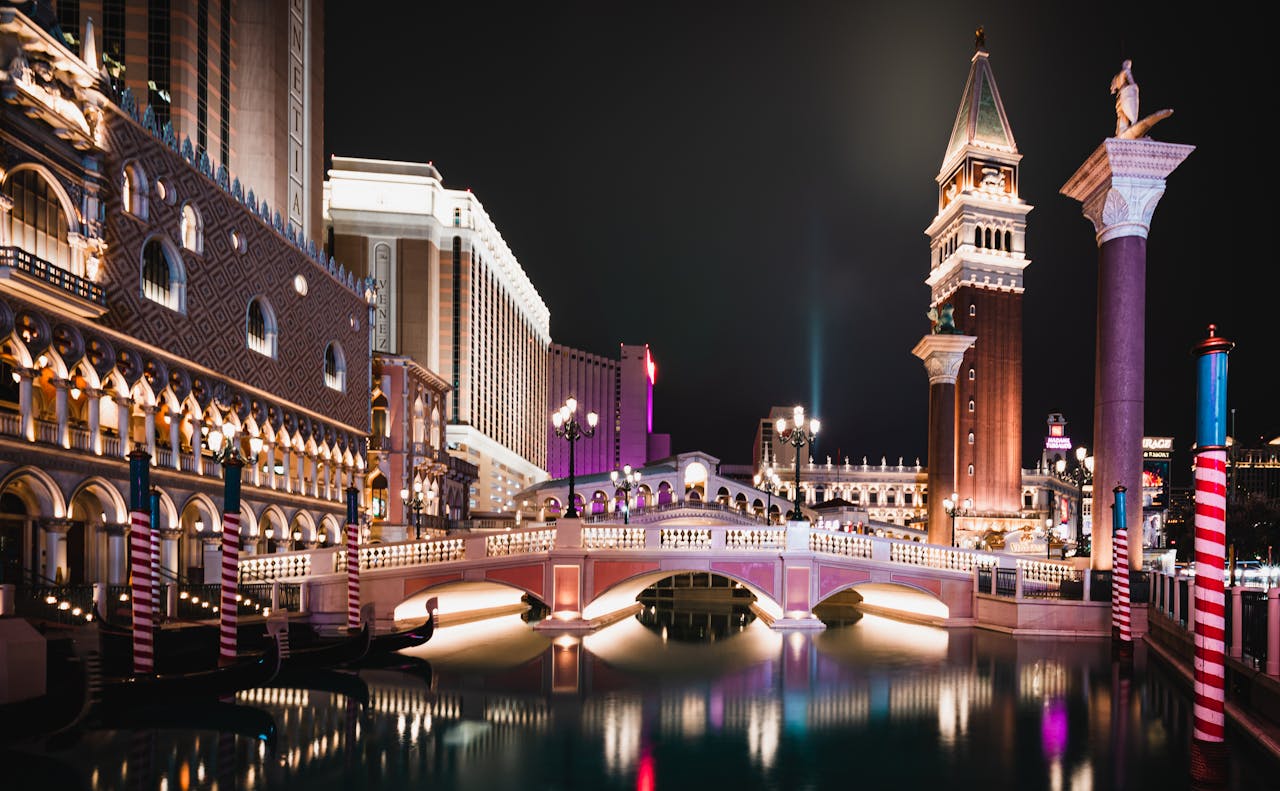 who-we-are A stunning night view of the Venetian Resort in Las Vegas with its iconic architecture and elegant reflections.