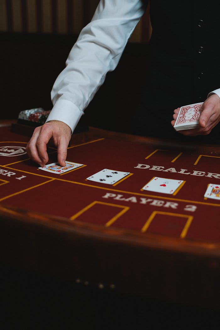 why-choose-us Dealer handling cards at a casino table during a game.